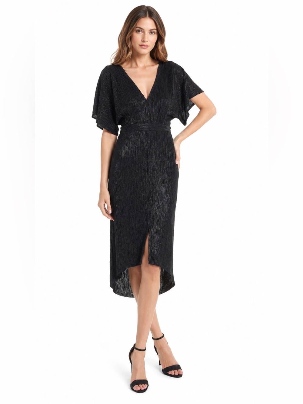 ASTR The Label Dress Sz XS Black Metallic Cocktail Formal Shiny Deep V Neck Midi